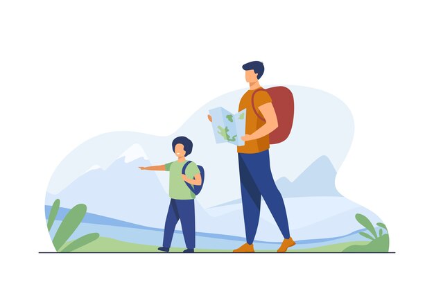 Dad and son with backpacks walking outdoors. Tourists with map trekking in mountains flat vector illustration. Vacation, family travel, hiking concept