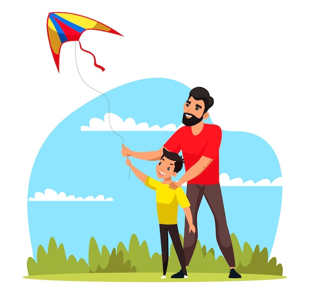 Папа и сын запускают воздушного змея и веселятся вместе в парке Общение родителей и детей и отношения