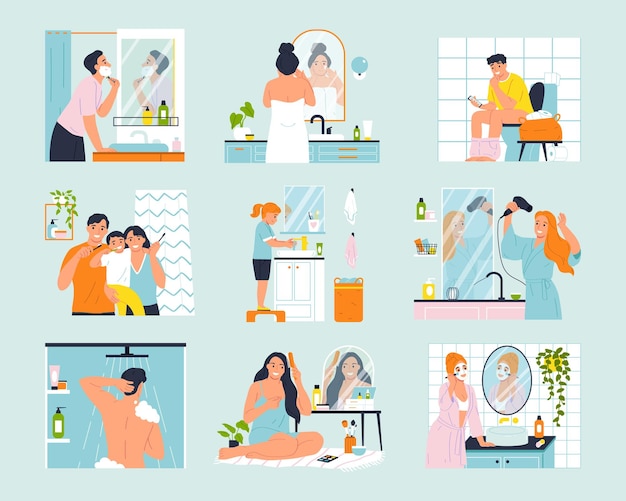 Набор иконок ежедневной гигиены с людьми в ванной изолированных векторных иллюстраций