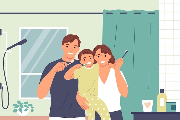 Free vector daily hygiene routine with happy family brushing teeth together vector illustration