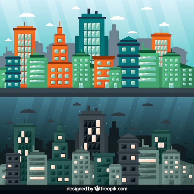 Free vector daily and nocturnal city set