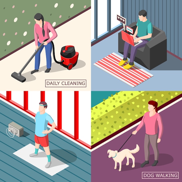 Daily routine 2x2 isometric design concept set of ordinary people walking with dog cleaning doing morning exercises 