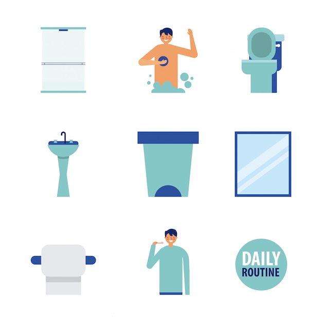 Daily routine and bathroom icons, flat style