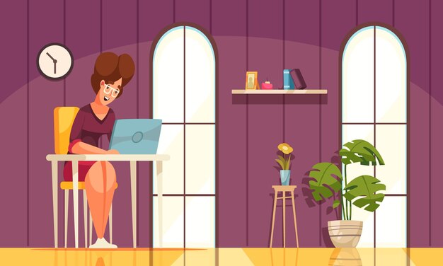 Плоский фон повседневной жизни с радостным женским персонажем, работающим удаленно дома, иллюстрации шаржа