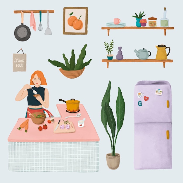 Free vector daily routine life of a girl cooking in a kitchen and home stuffs sticker