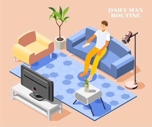 Free vector daily routine with man watching tv on sofa at home 3d