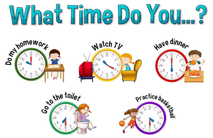 Free Vector daily routine with time and cartoon characters