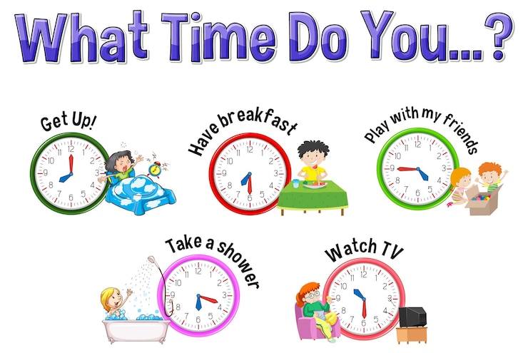 Free Vector daily routine with time and cartoon characters