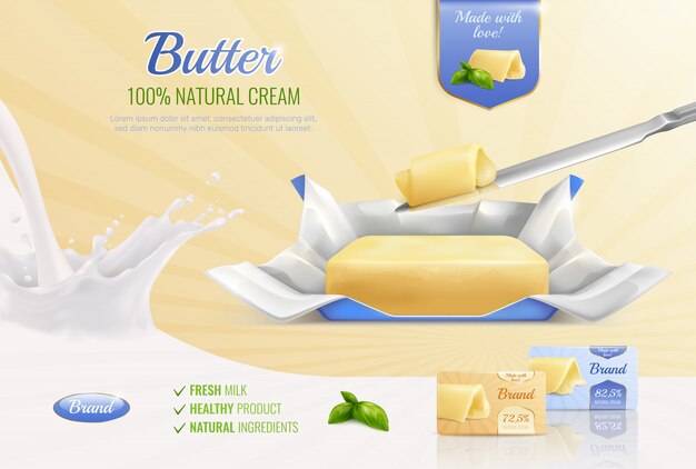 Dairy butter realistic composition as mockup for advertising brand with text fresh milk healthy product natural ingredients