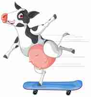 Free vector dairy cow playing skateboard cartoon character