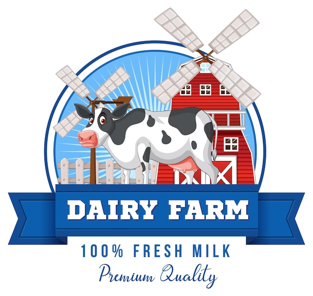 乳牛の漫画と酪農場のラベルのロゴ