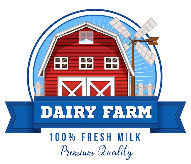 Free vector dairy farm label with barn cartoon