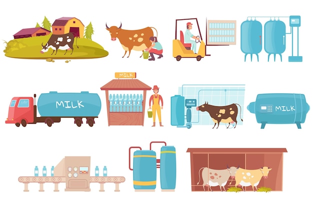 Free vector dairy products production set with flat machinery icons milk storage cans and images of grazing cows vector illustration