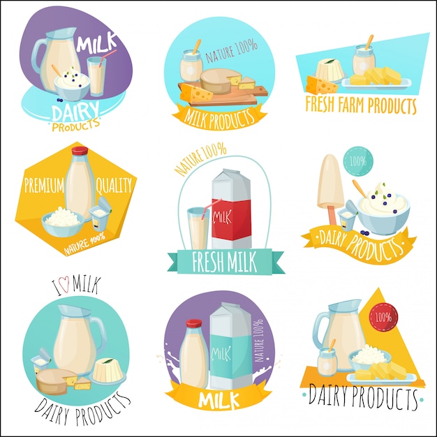 Бесплатное векторное изображение Молочные продукты, набор логотипов