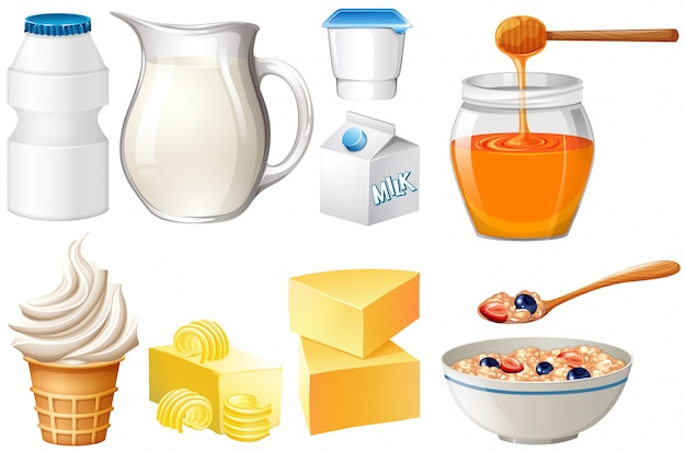 Dairy products set with milk and honey illustration