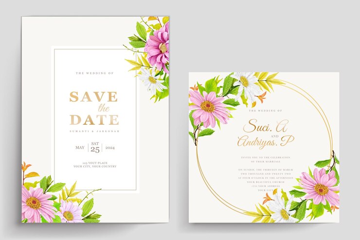 Free Vector daisy with pink color and soft leaves card set