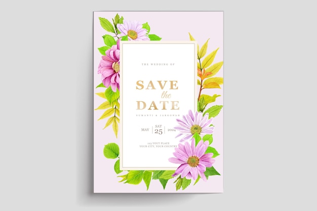 Set di carte margherita con colore rosa e foglie morbide