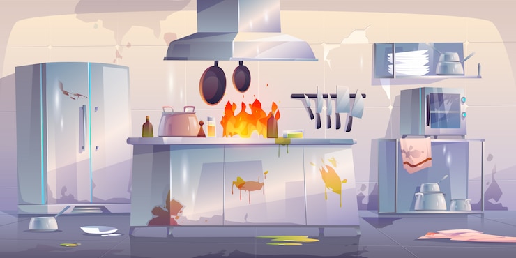 Free Vector damaged kitchen in restaurant, interior with fire