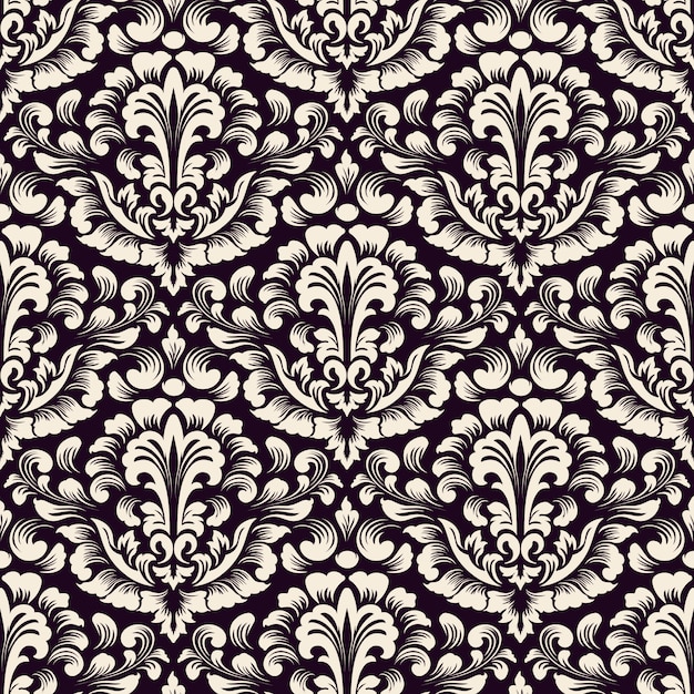 ダマスク織のシームレスなパターン背景。古典的な豪華な昔ながらのダマスク織の飾り、壁紙、テキスタイル、ラッピングのロイヤルビクトリア朝のシームレスなテクスチャ。絶妙な花のバロックテンプレート。