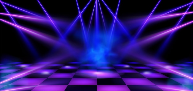 Dance floor stage illuminated by blue and pink spotlights