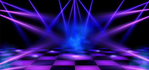 Dance floor stage illuminated by blue and pink spotlights