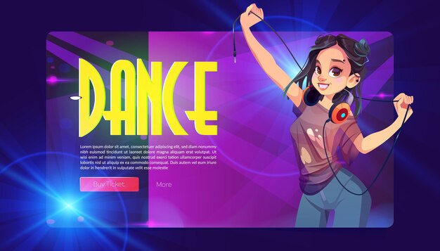 Dance party banner with girl dj with headphones vector landing page of discotheque or music show wit...