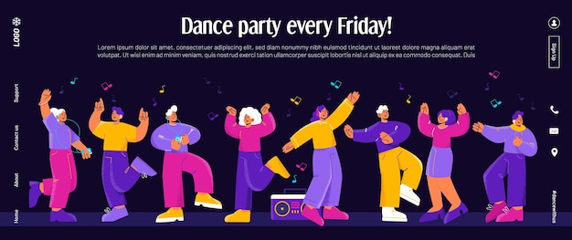 Dance party banner with happy people and music