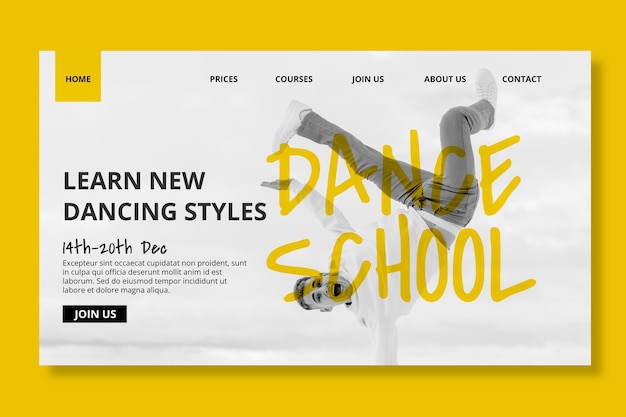 Vettore gratuito modello di pagina di destinazione della scuola di danza con ballerino maschio