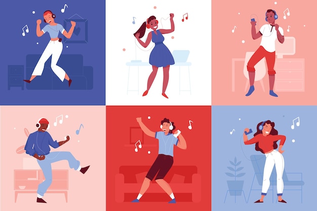 Free vector dancing people with headphones and smartphones compositions set