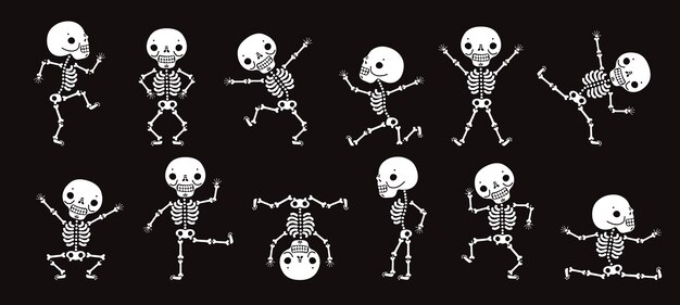 骸骨の踊り かわいいハロウィーンのスケルトンダンサー 面白いホラーキャラクターベクトル分離セット イラストスケルトンハロウィンパーティー キャラクター人間の骨 プレミアムベクター