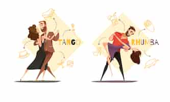 Free vector dancing tango and rhumba couples 2 retro cartoon templates with web style accessories icons isolated