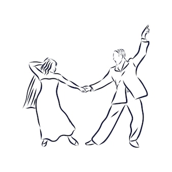Dancing wedding couple, bride and groom sketch invitation vector illustration background