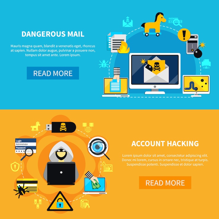 मुफ़्त वेक्टर dangerous mail and account hacking flat banners