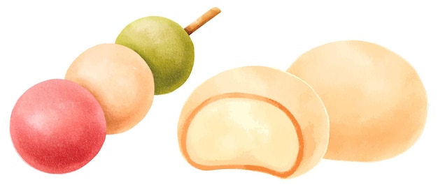 Dango and Mochi. Japanese food watercolor hand painted elements illustrations