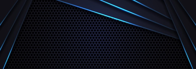 Темный абстрактный широкий горизонтальный баннер с шестиугольной сеткой из углеродного волокна. технология фон с синими светящимися линиями. футуристический роскошный современный фон. Premium векторы