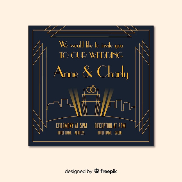 Free vector dark art deco wedding invitation template