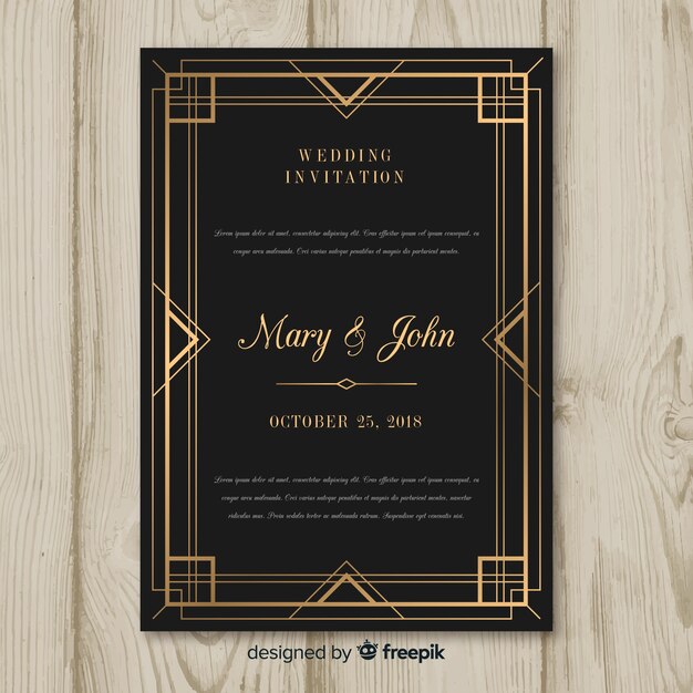 Dark art deco wedding invitation