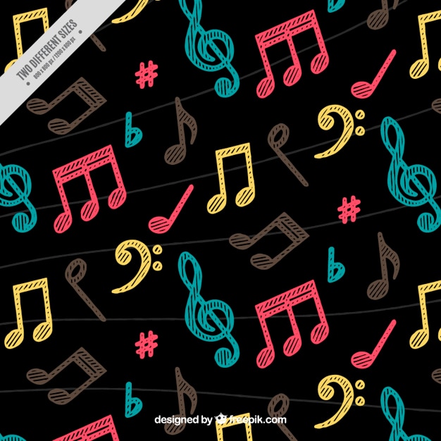 Free Vector dark background with colorful musical notes hand painted