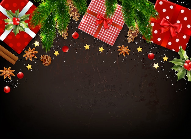 Dark background with various colorful christmas symbols such as gift boxes mistletoe leaves fir tree branches realistic