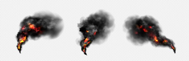 Free vector dark black cloud smoke with fire vector effect isolated realistic abstract explosion trail with burn smog factory fog transparent overlay image 3d cigarette steam swirl destruction element texture