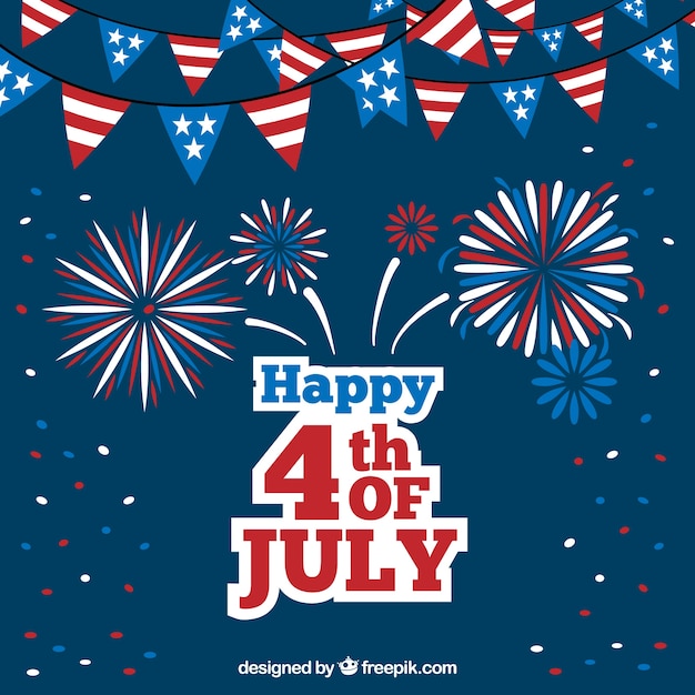 Dark blue background with garlands and fireworks for independence day