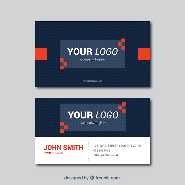 Dark blue business card with red shapes