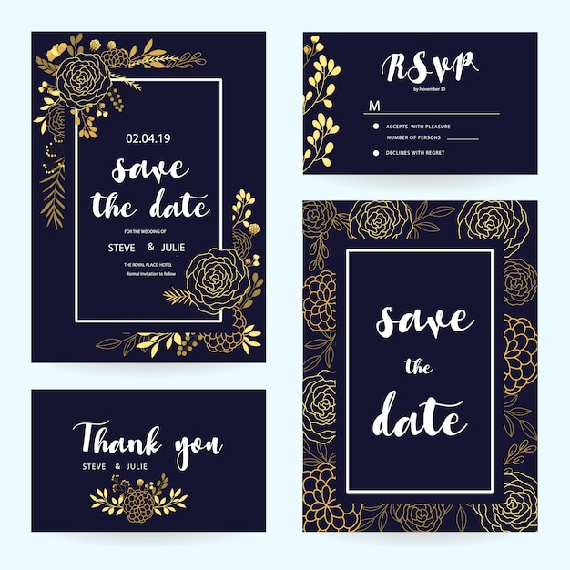 Dark blue wedding card collection with golden details