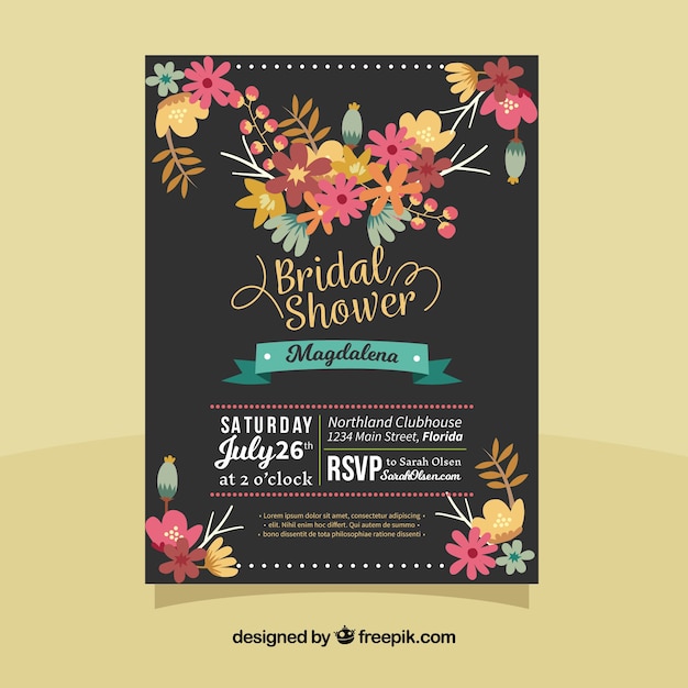 Dark bridal shower invitation with colored flowers