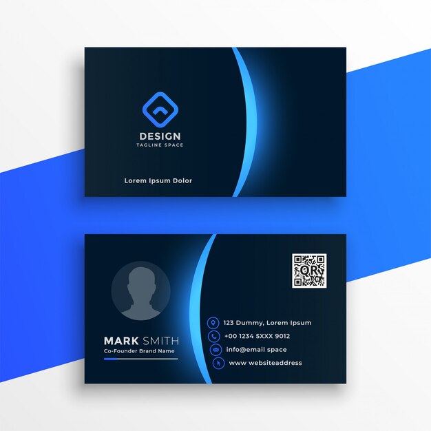 Dark business card template with blue light effect