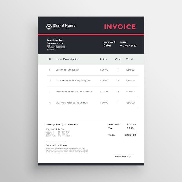 Free vector dark business invoice vector template