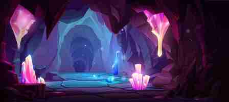 Free vector dark cave with blue and pink shining crystal clusters in stone walls cartoon vector diamond mine or dungeon for game path or level rocky tunnel with glittering treasure mineral resources from inside