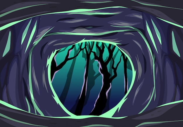 Free vector dark cave with some dark tree cartoon style scene