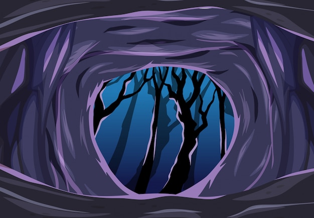 暗い木の漫画風のシーンがある暗い洞窟