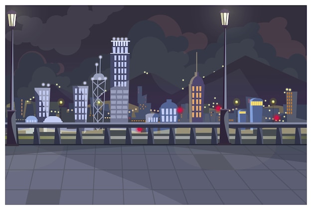 Бесплатное векторное изображение Темный городской пейзаж с включенными огнями иллюстрации
